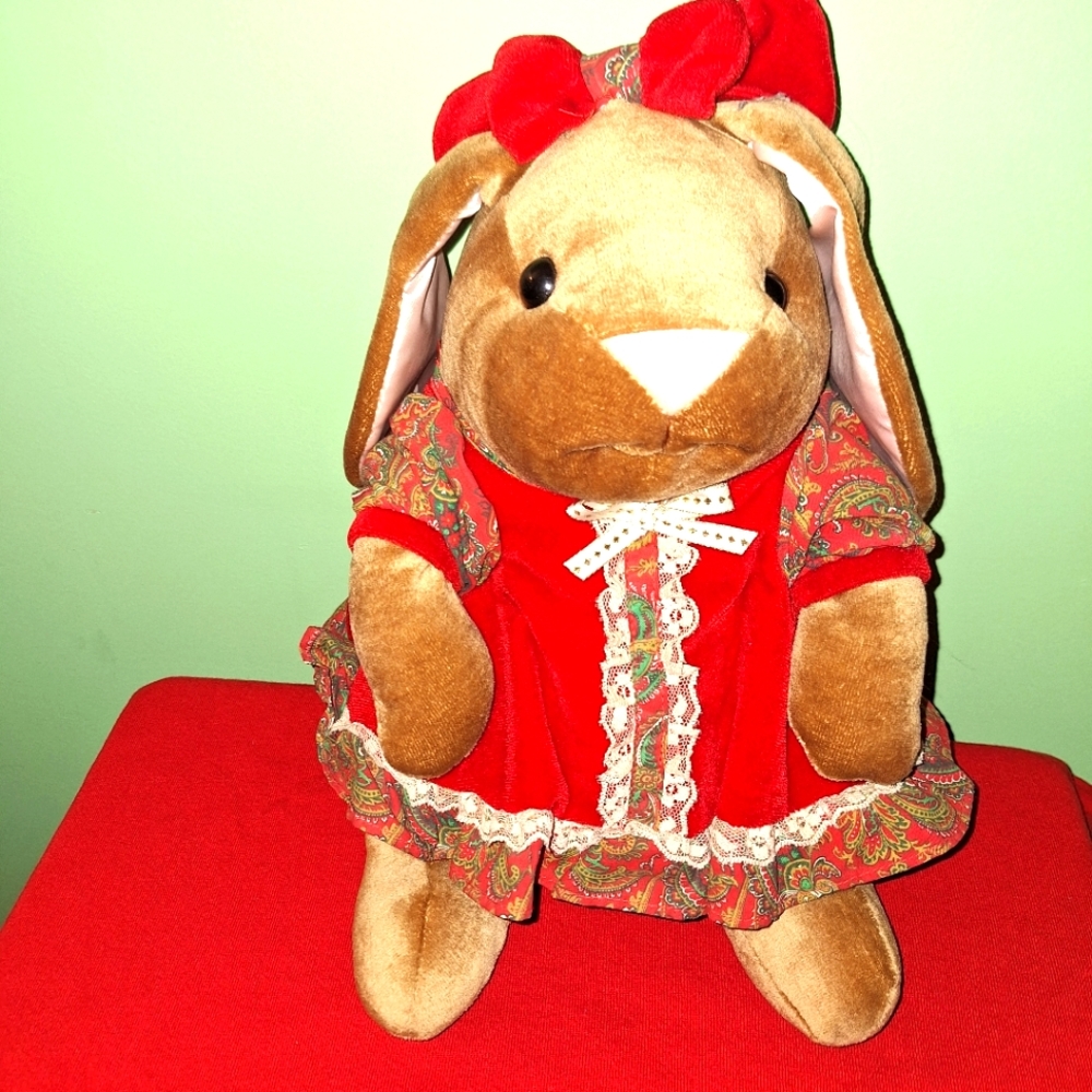 Christmas Rabbit Pair Velveteen Plush Vintage 1980's Boy & Girl 14" Toys R Us - Picture 3 of 16